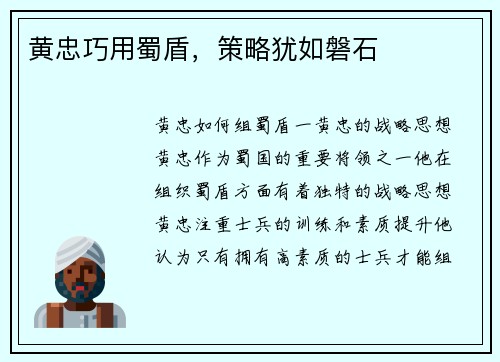 黄忠巧用蜀盾，策略犹如磐石